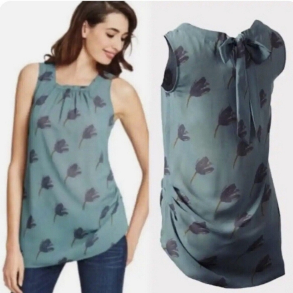 Cabi Sheer Tunic Top Blue Green Side Cinched Tie Back Size Medium
